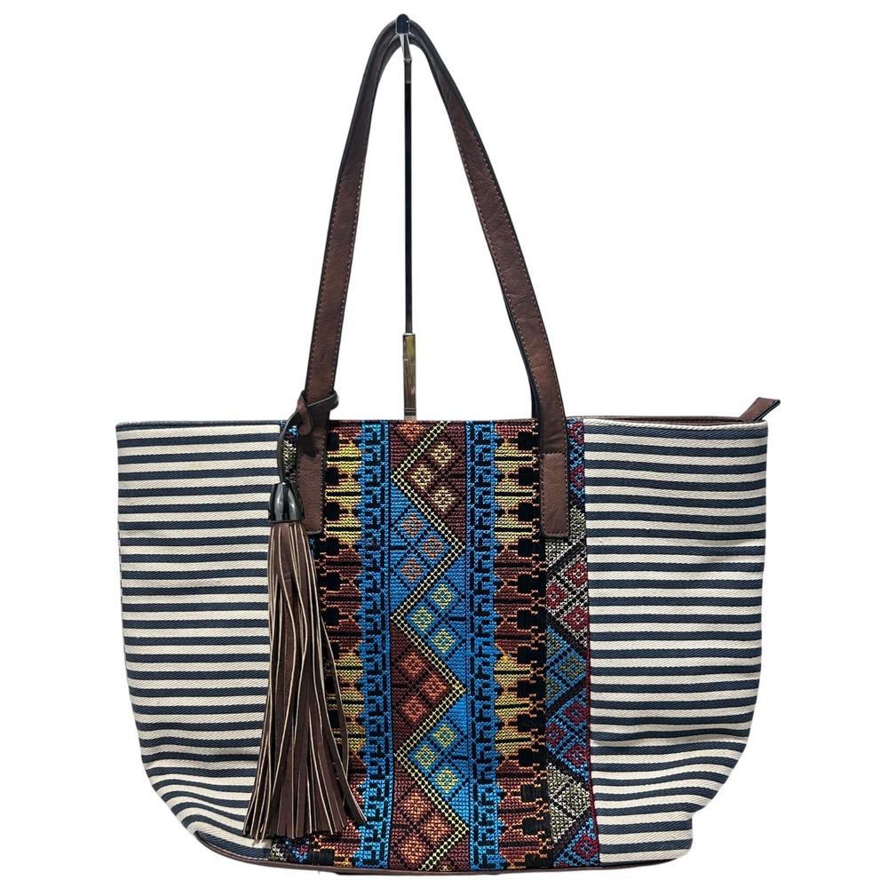 MMS‎ Black & White Stripe Aztec Style Multicolor Embroidery Design Tote Bag
